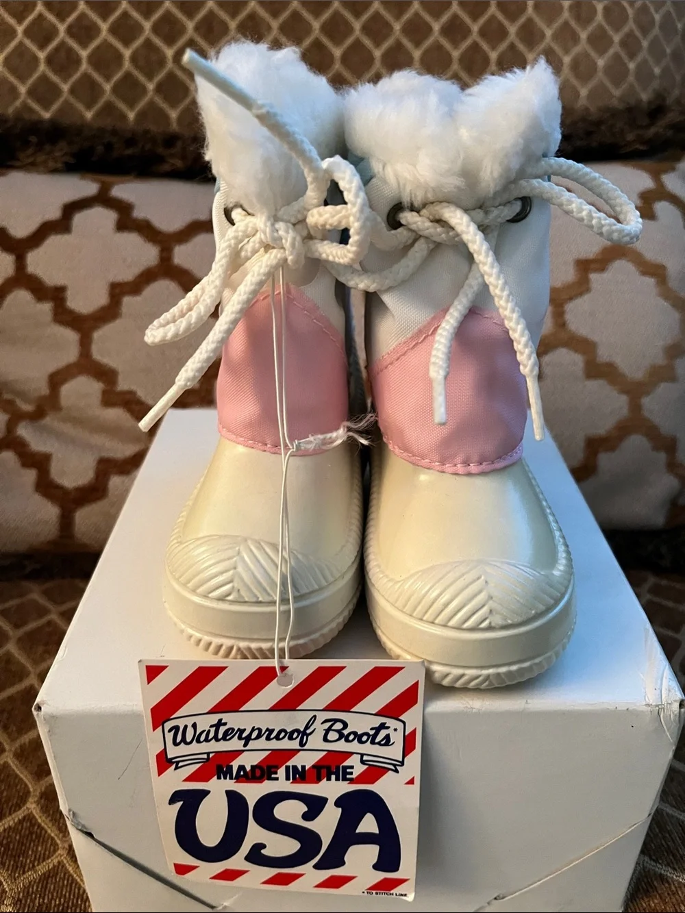 Kids Waterproof Winter Boots - White with Pink & Blue Faux Fur Trim